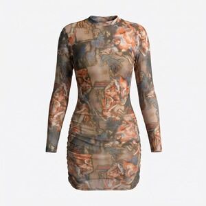 Privy Renaissance Mesh Mini Dress L Tan Multi Ruched Mock Neck Angelcore Art